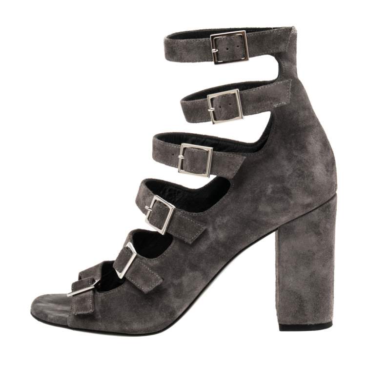Pre Owned Saint Laurent Grey Suede Babies Gladiators Ankle Sandals Size 37.5