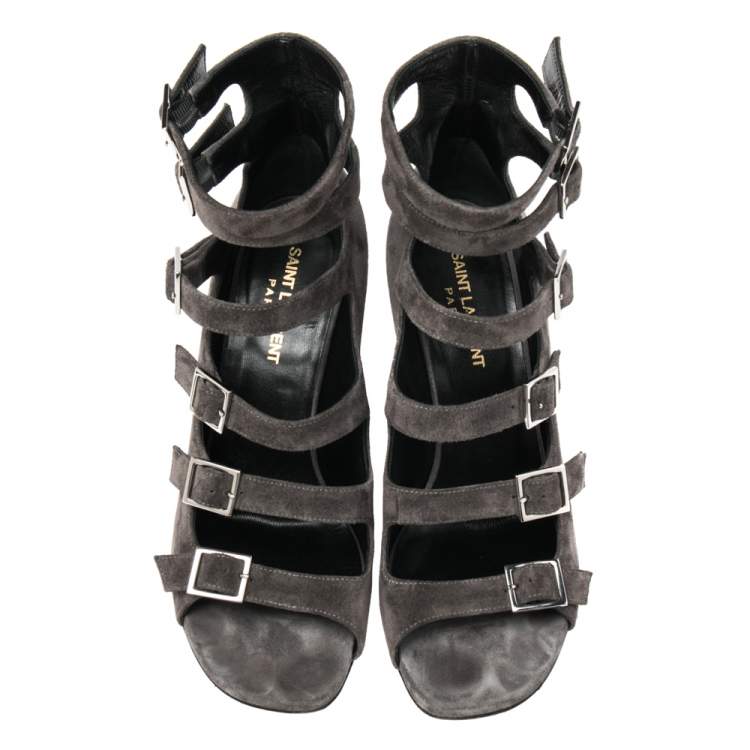 Pre Owned Saint Laurent Grey Suede Babies Gladiators Ankle Sandals Size 37.5