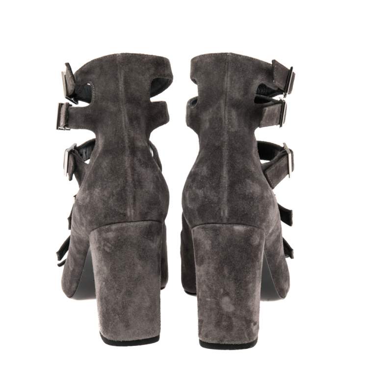 Pre Owned Saint Laurent Grey Suede Babies Gladiators Ankle Sandals Size 37.5