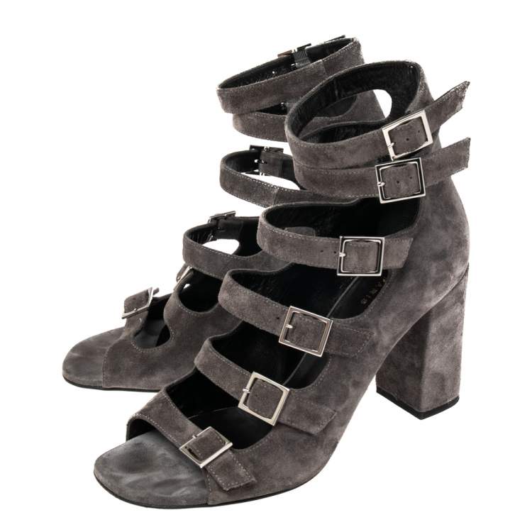 Pre Owned Saint Laurent Grey Suede Babies Gladiators Ankle Sandals Size 37.5