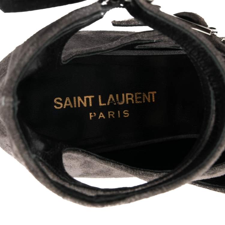 Pre Owned Saint Laurent Grey Suede Babies Gladiators Ankle Sandals Size 37.5