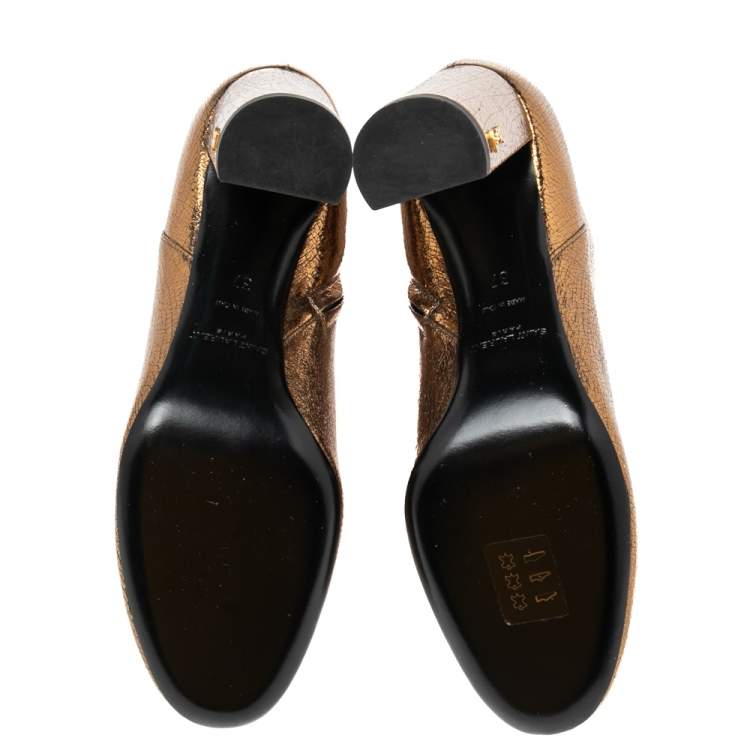 Pre Owned Saint Laurent Gold Leather Ankle Boots Size 37