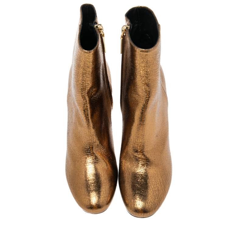 Pre Owned Saint Laurent Gold Leather Ankle Boots Size 37