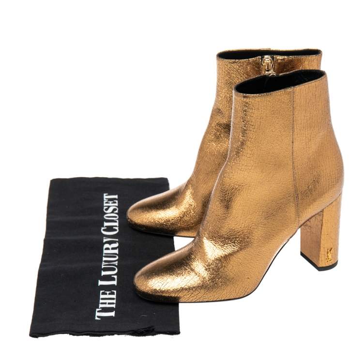 Pre Owned Saint Laurent Gold Leather Ankle Boots Size 37