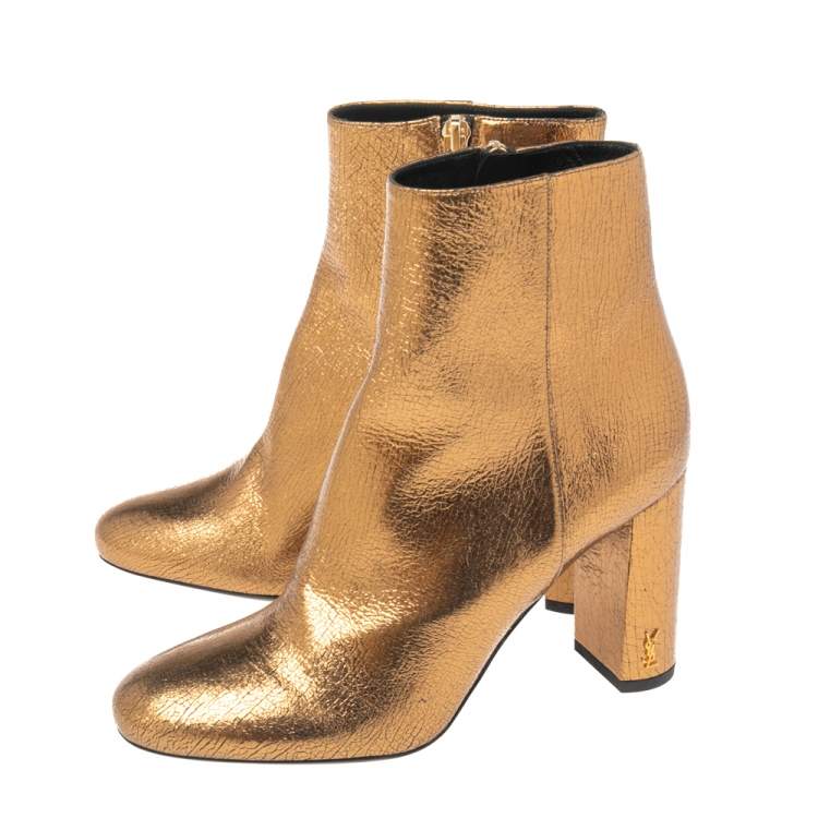 Pre Owned Saint Laurent Gold Leather Ankle Boots Size 37