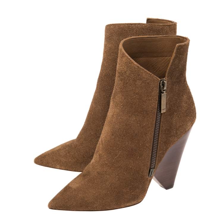 Pre Owned Saint Laurent Brown Suede  Pointed Toe Ankle Boots Size 37