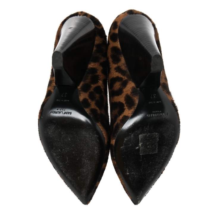 Pre Owned Saint Laurent Black/Brown Pony Hair Pointed Toe Ankle Boots Size 37