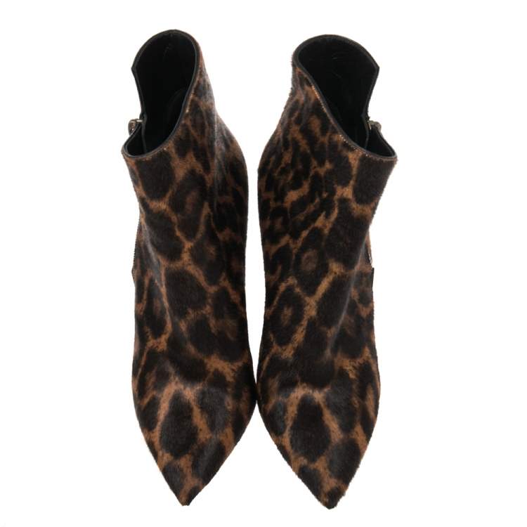 Pre Owned Saint Laurent Black/Brown Pony Hair Pointed Toe Ankle Boots Size 37