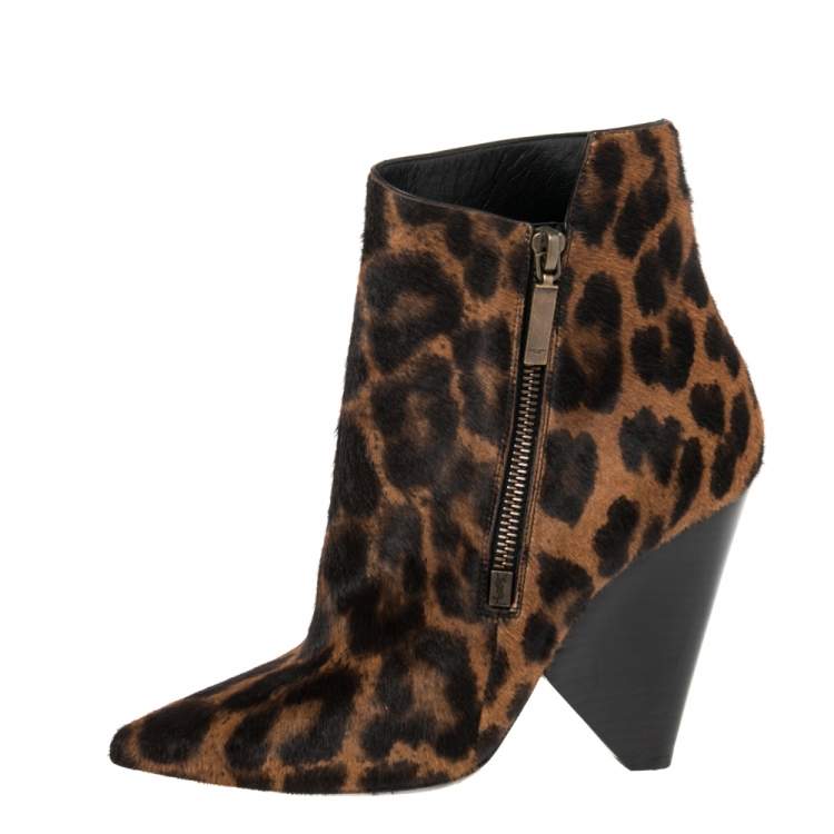 Pre Owned Saint Laurent Black/Brown Pony Hair Pointed Toe Ankle Boots Size 37