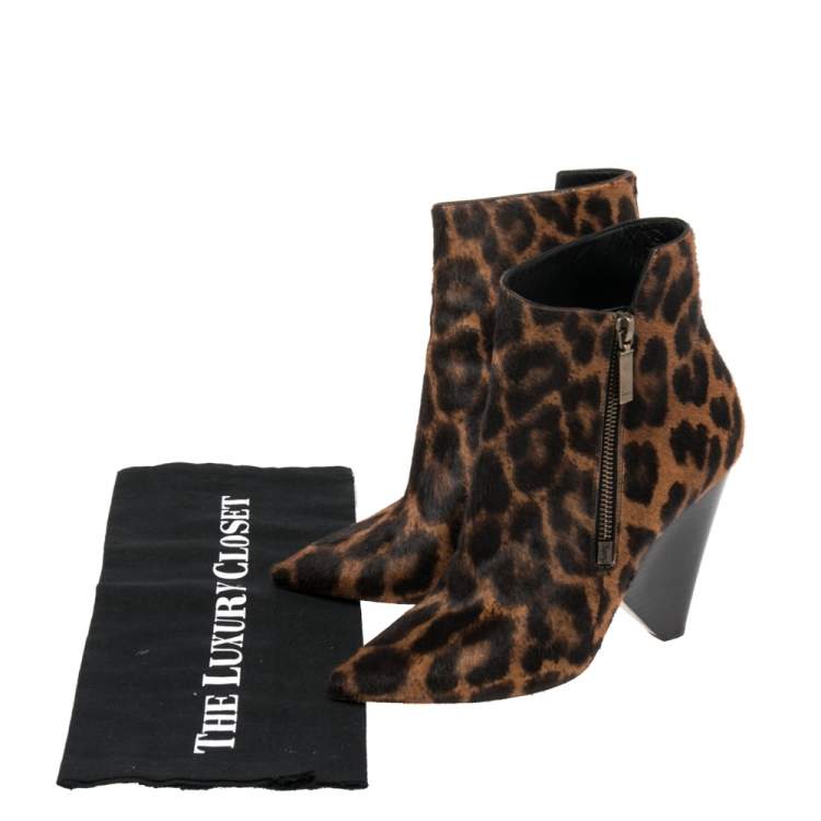 Pre Owned Saint Laurent Black/Brown Pony Hair Pointed Toe Ankle Boots Size 37