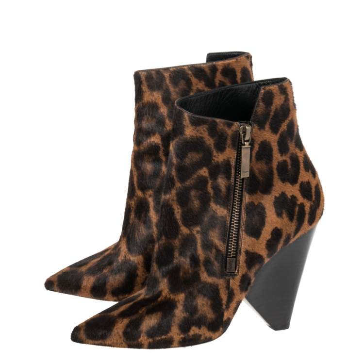 Pre Owned Saint Laurent Black/Brown Pony Hair Pointed Toe Ankle Boots Size 37