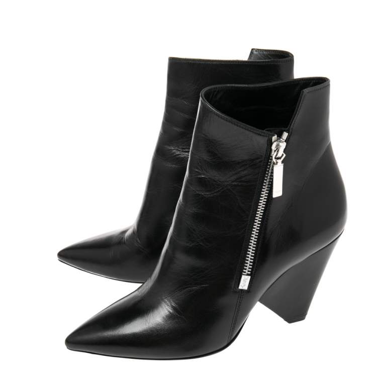 Pre Owned Saint Laurent Black Leather Pointed Toe Ankle Boots Size 37