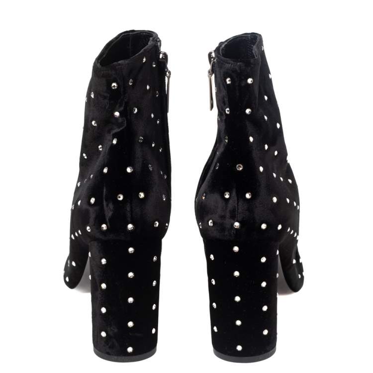 Pre Owned Saint Laurent Black Velvet Crystal Dot Ankle Boots Size 37
