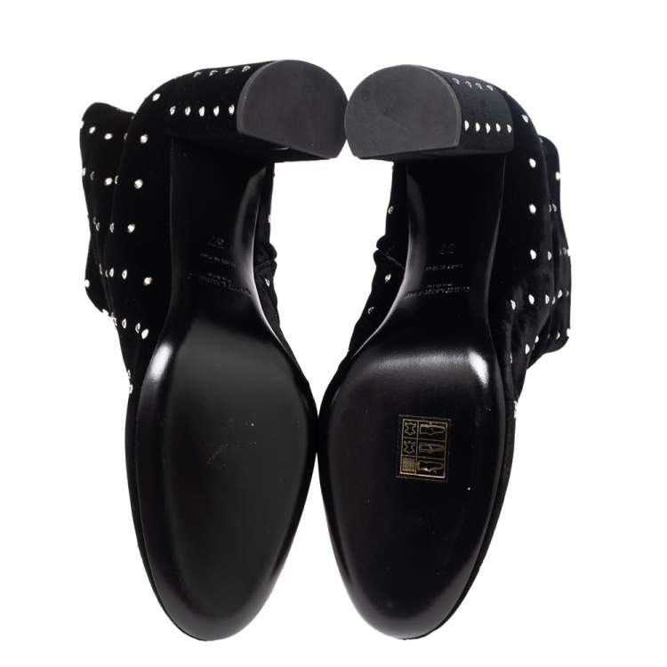 Pre Owned Saint Laurent Black Velvet Crystal Dot Ankle Boots Size 37