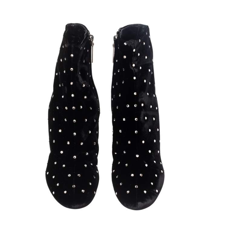 Pre Owned Saint Laurent Black Velvet Crystal Dot Ankle Boots Size 37