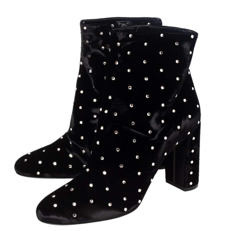 Pre Owned Saint Laurent Black Velvet Crystal Dot Ankle Boots Size 37