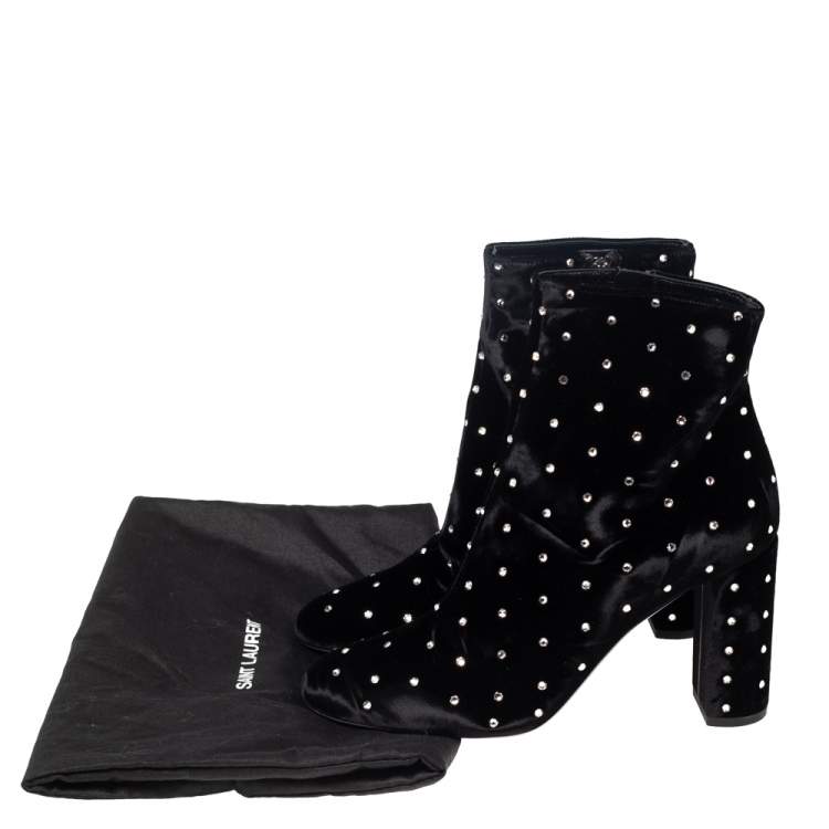 Pre Owned Saint Laurent Black Velvet Crystal Dot Ankle Boots Size 37
