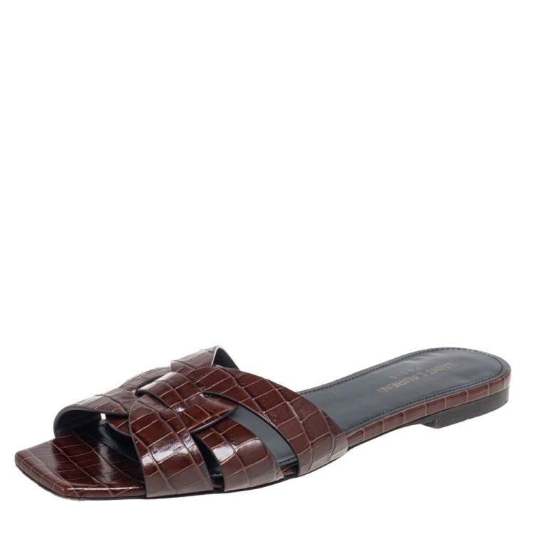 Pre Owned Saint Laurent Brown Croc Embossed Leather Tribute Flats Size 38