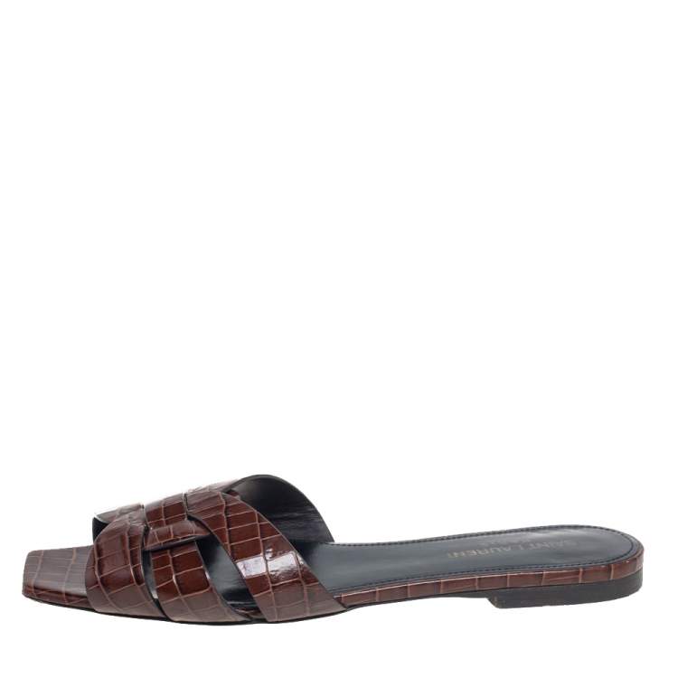 Pre Owned Saint Laurent Brown Croc Embossed Leather Tribute Flats Size 38