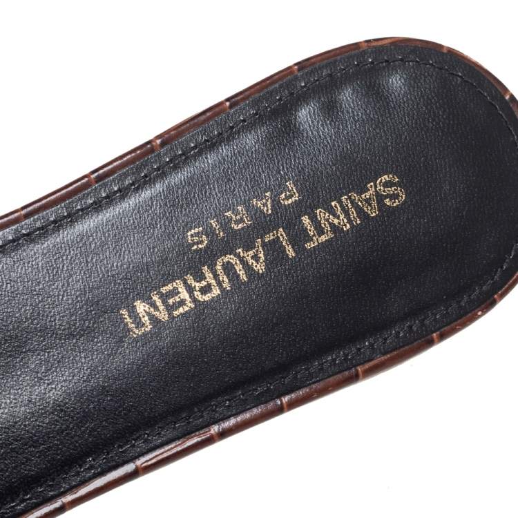 Pre Owned Saint Laurent Brown Croc Embossed Leather Tribute Flats Size 38