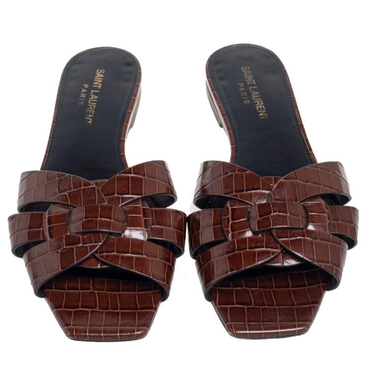 Pre Owned Saint Laurent Brown Croc Embossed Leather Tribute Flats Size 38