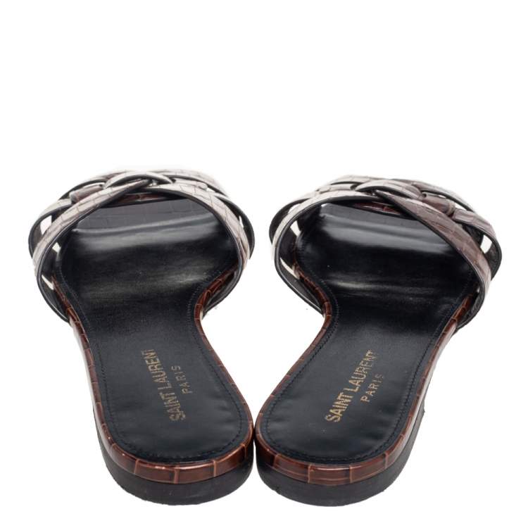 Pre Owned Saint Laurent Brown Croc Embossed Leather Tribute Flats Size 38
