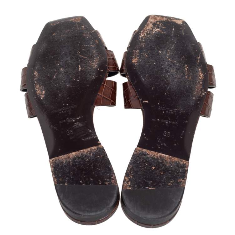 Pre Owned Saint Laurent Brown Croc Embossed Leather Tribute Flats Size 38