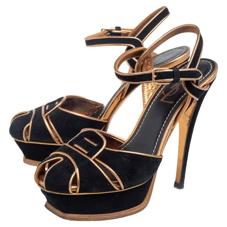 Pre Owned Saint Laurent  Black Suede Leather Platform Ankle Strap Sandals Size 36