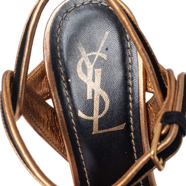Pre Owned Saint Laurent  Black Suede Leather Platform Ankle Strap Sandals Size 36