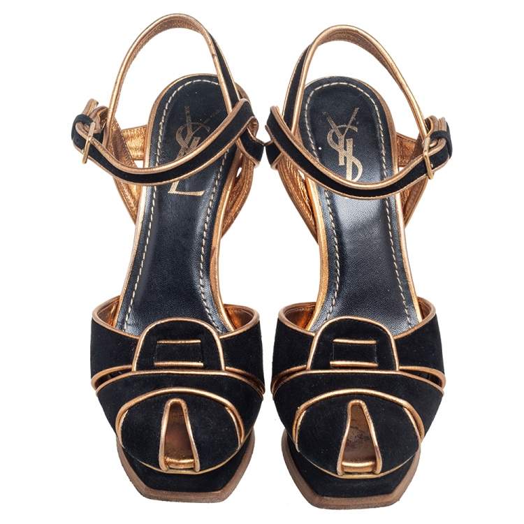 Pre Owned Saint Laurent  Black Suede Leather Platform Ankle Strap Sandals Size 36