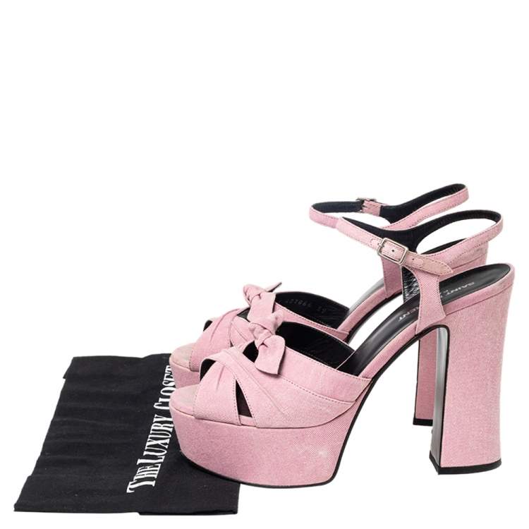 Pre Owned Saint Laurent Pink Canvas Candy Bow Platform Ankle Strap Sandals Size 39