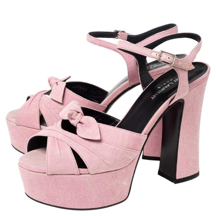 Pre Owned Saint Laurent Pink Canvas Candy Bow Platform Ankle Strap Sandals Size 39