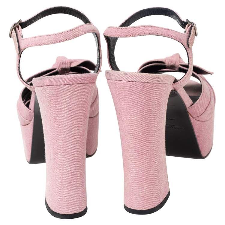 Pre Owned Saint Laurent Pink Canvas Candy Bow Platform Ankle Strap Sandals Size 39