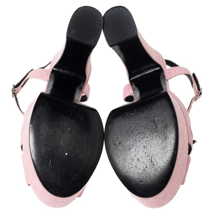 Pre Owned Saint Laurent Pink Canvas Candy Bow Platform Ankle Strap Sandals Size 39