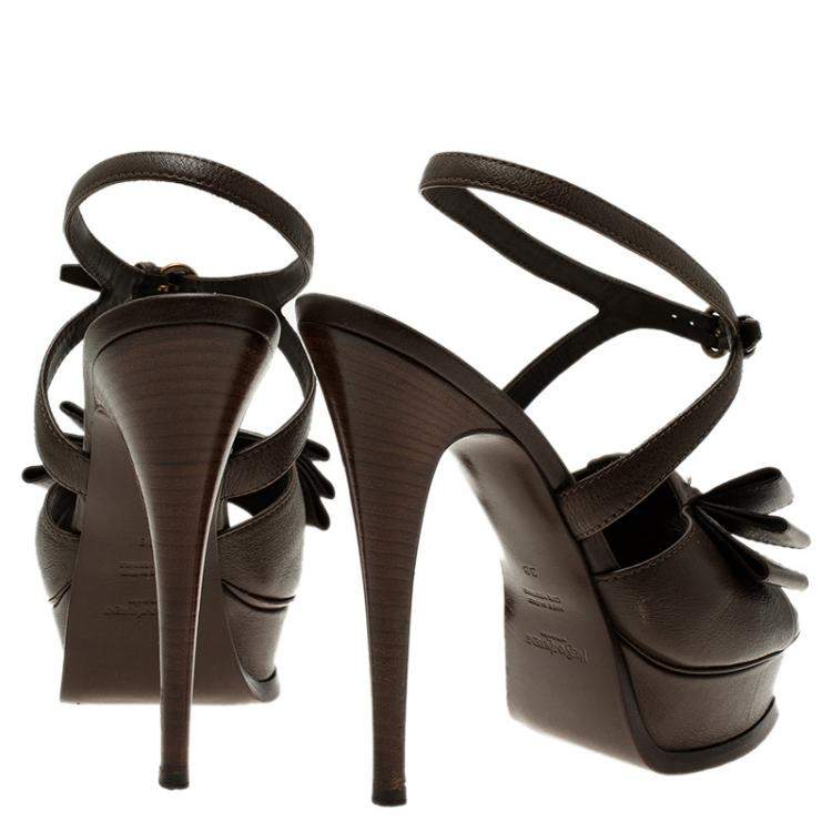 Pre Owned Saint Laurent Paris Brown Leather Y-Bow Platform Sandals Size 38