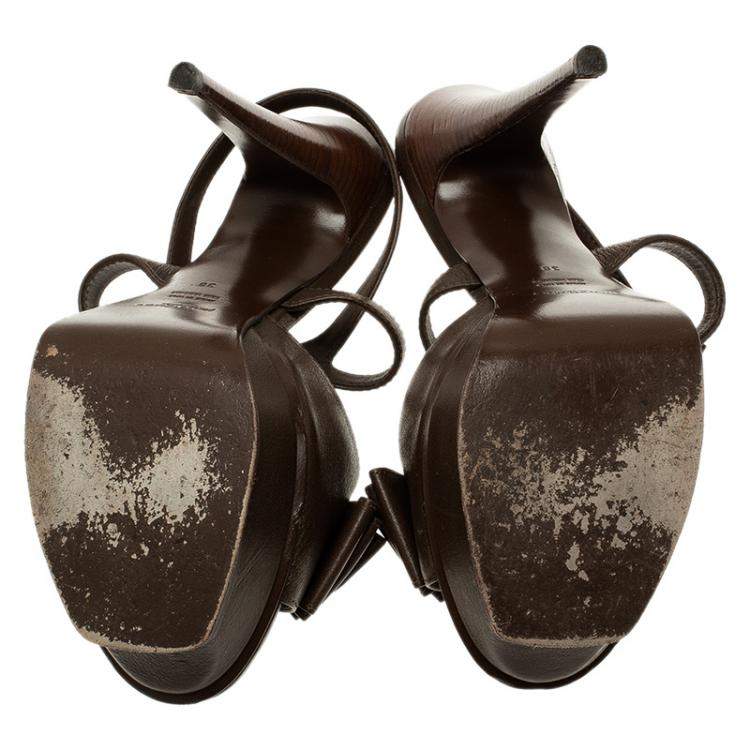 Pre Owned Saint Laurent Paris Brown Leather Y-Bow Platform Sandals Size 38