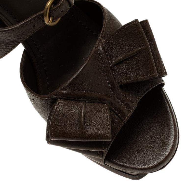 Pre Owned Saint Laurent Paris Brown Leather Y-Bow Platform Sandals Size 38