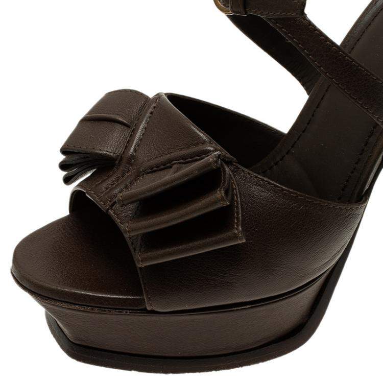Pre Owned Saint Laurent Paris Brown Leather Y-Bow Platform Sandals Size 38