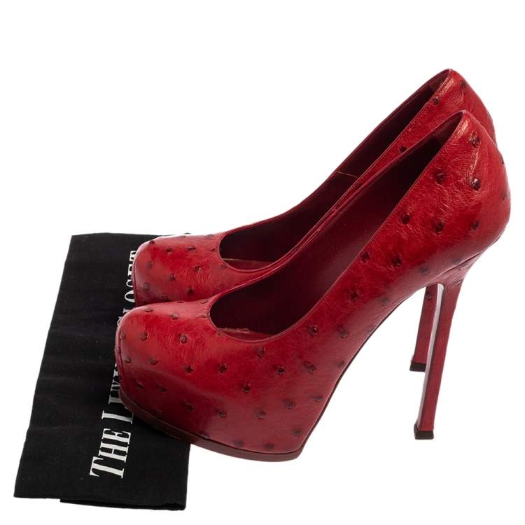 Pre Owned Saint Laurent Red Ostrich Leather Tribtoo Platform Pumps Size 41