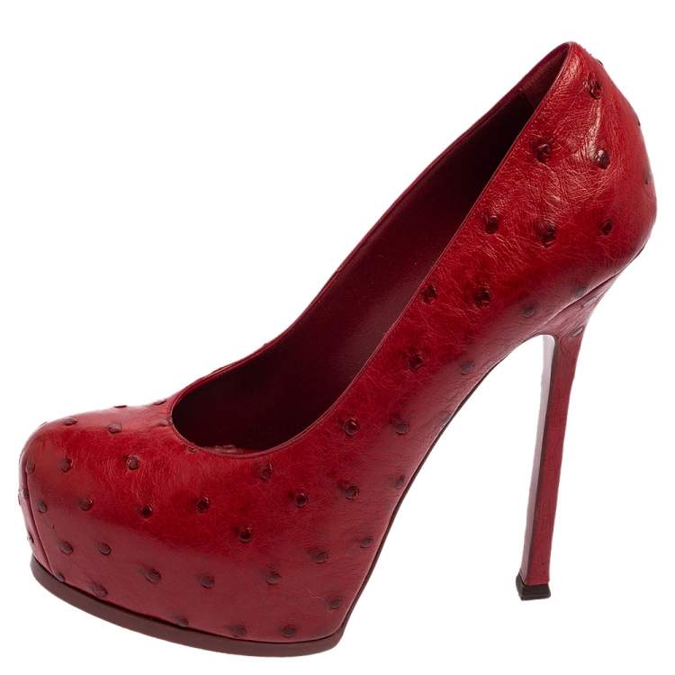 Pre Owned Saint Laurent Red Ostrich Leather Tribtoo Platform Pumps Size 41