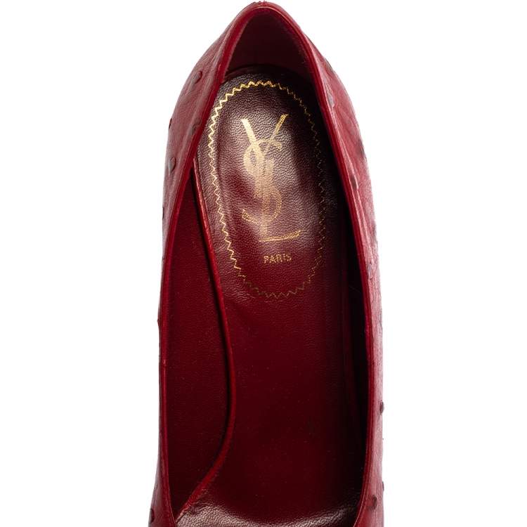 Pre Owned Saint Laurent Red Ostrich Leather Tribtoo Platform Pumps Size 41