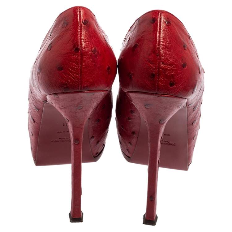 Pre Owned Saint Laurent Red Ostrich Leather Tribtoo Platform Pumps Size 41