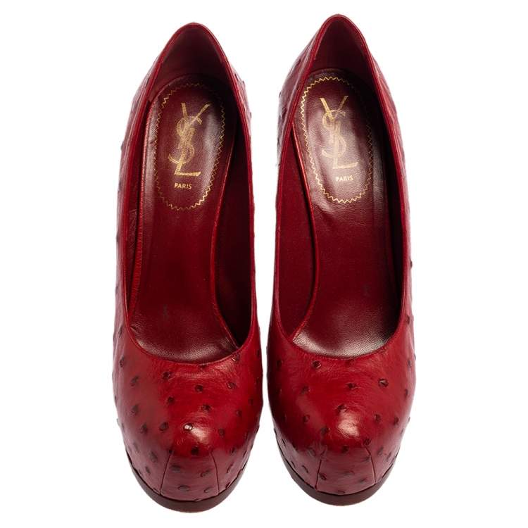 Pre Owned Saint Laurent Red Ostrich Leather Tribtoo Platform Pumps Size 41