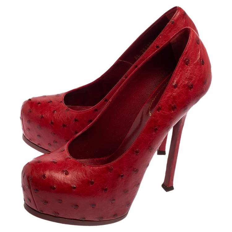 Pre Owned Saint Laurent Red Ostrich Leather Tribtoo Platform Pumps Size 41