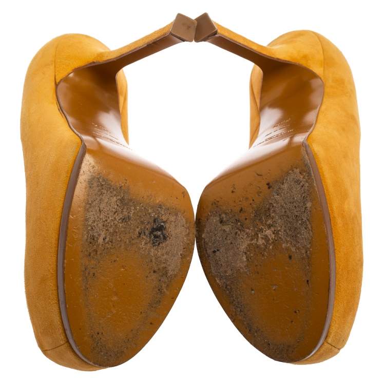 Pre Owned Saint Laiurent Mustard Suede Tribtoo Platform Pumps Size 38.5