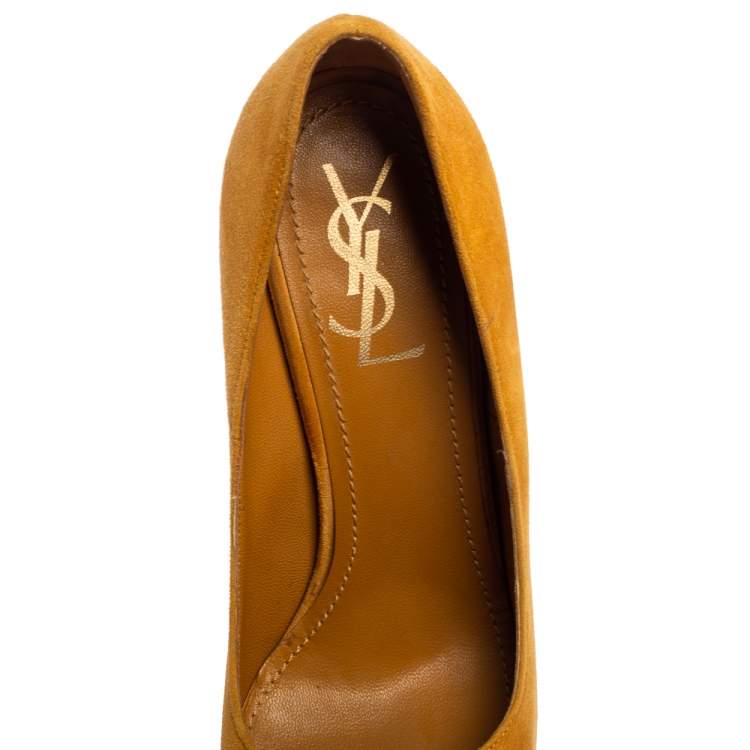 Pre Owned Saint Laiurent Mustard Suede Tribtoo Platform Pumps Size 38.5