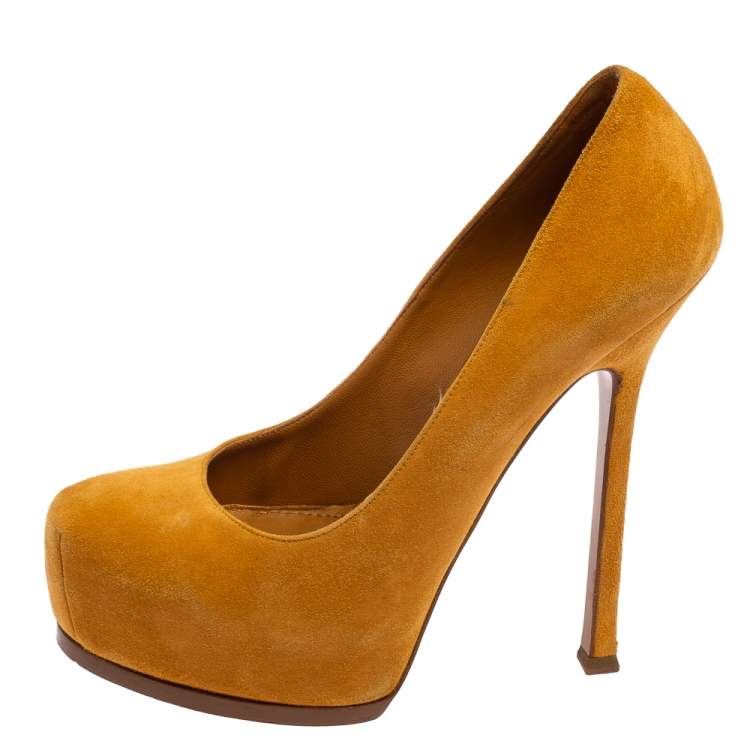 Pre Owned Saint Laiurent Mustard Suede Tribtoo Platform Pumps Size 38.5