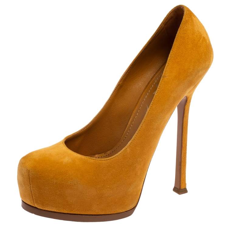 Pre Owned Saint Laiurent Mustard Suede Tribtoo Platform Pumps Size 38.5