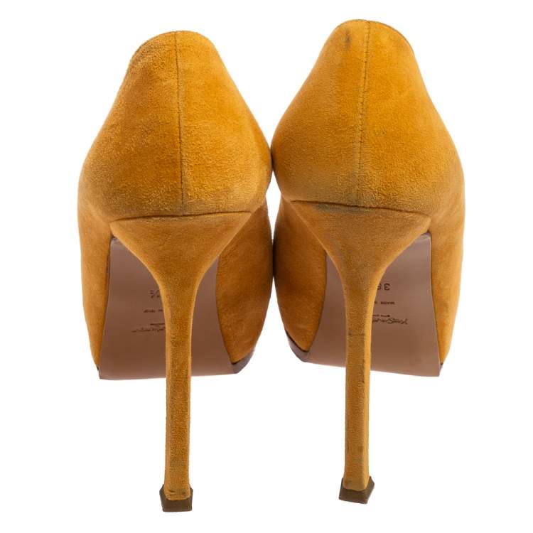Pre Owned Saint Laiurent Mustard Suede Tribtoo Platform Pumps Size 38.5