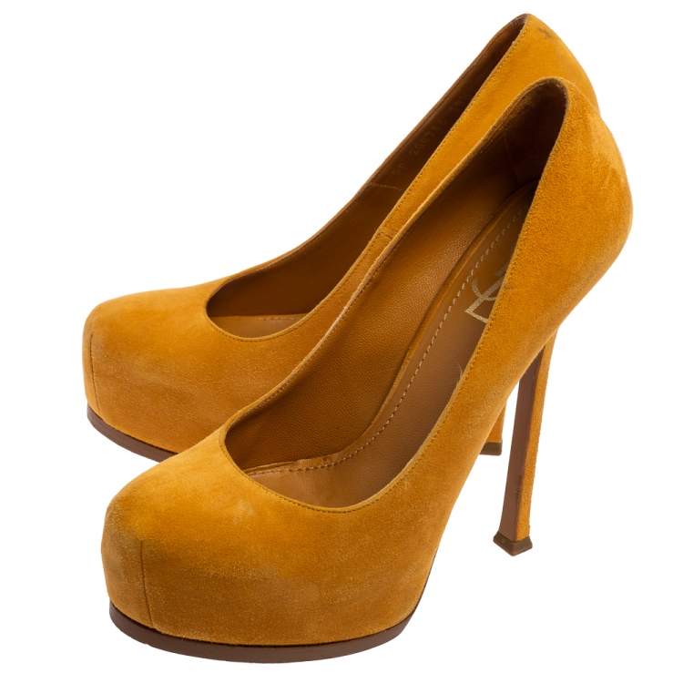 Pre Owned Saint Laiurent Mustard Suede Tribtoo Platform Pumps Size 38.5
